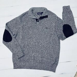 Chaps Black White Chunky Knit 1/4 Button Elbow Patches Sweater Mens Size Med